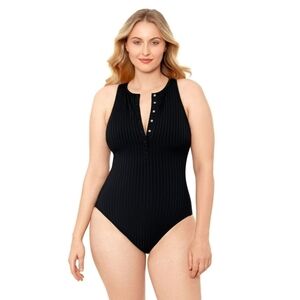 L • S3 Swim • Smoothing Ribbed High Neck Snap Front One Piece Swimsuit